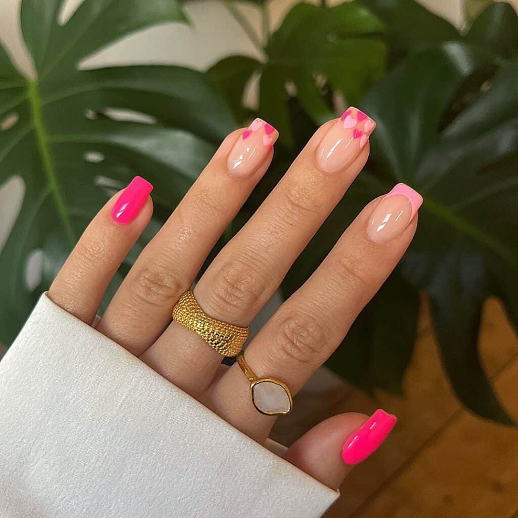 Pink Hearts French Tip Nails for Valentine’s Day