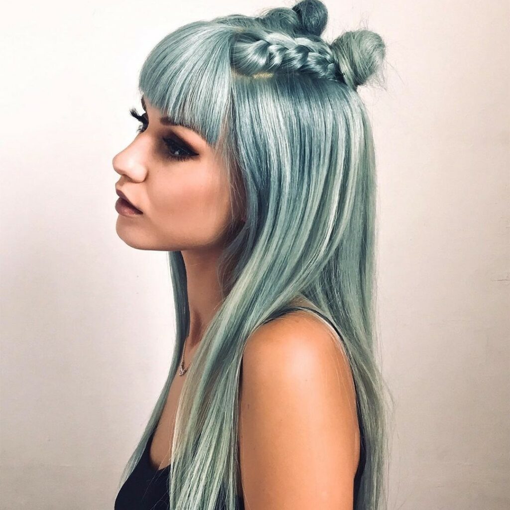 Image of Braided Space Buns with Bangs in the style of Space Buns with Braids