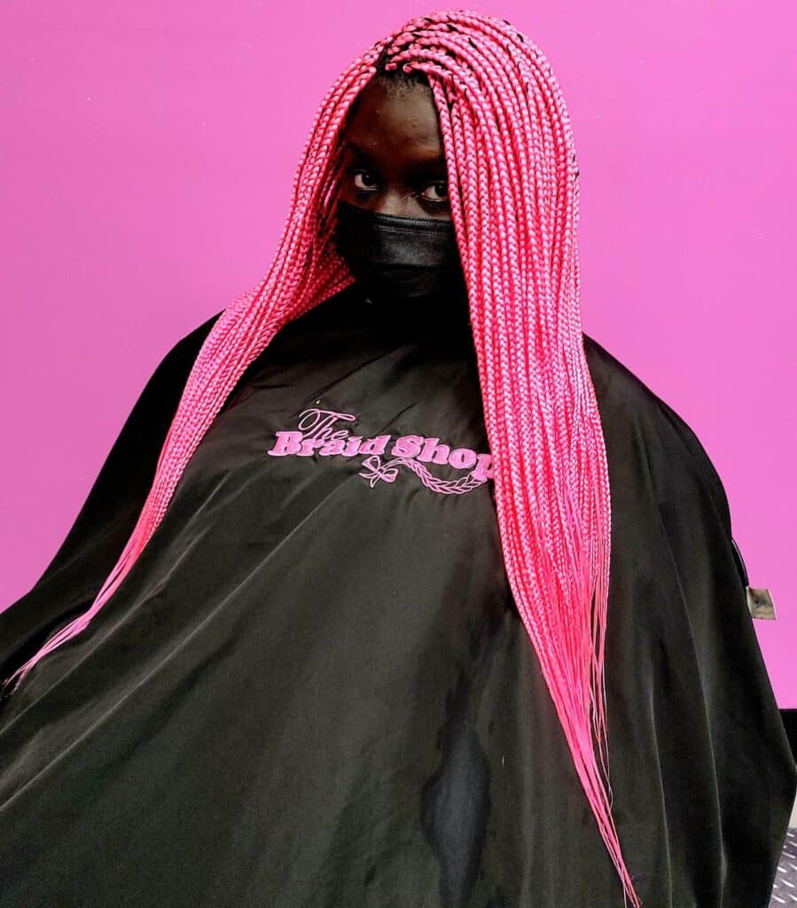 Image of Pink Box Braids in a style with Pink Braids