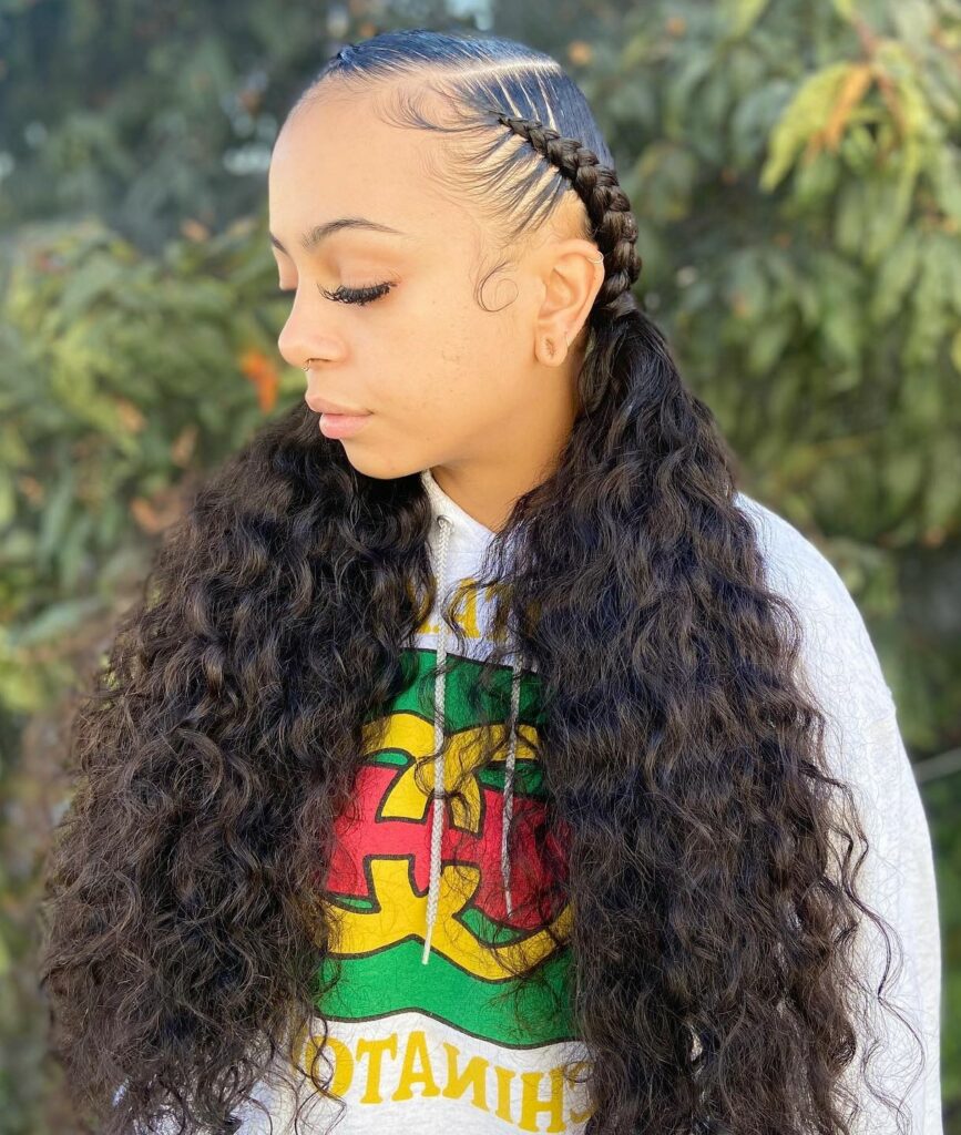 Image of Side Part Two Braids With Weave in the style of side part braids