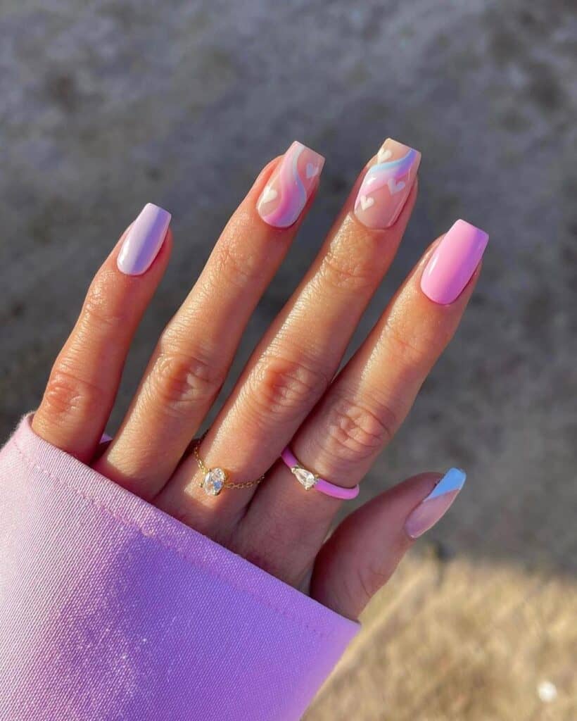 Pastel Short Valentine’s Day Nails with pastel baby hearts and swirls