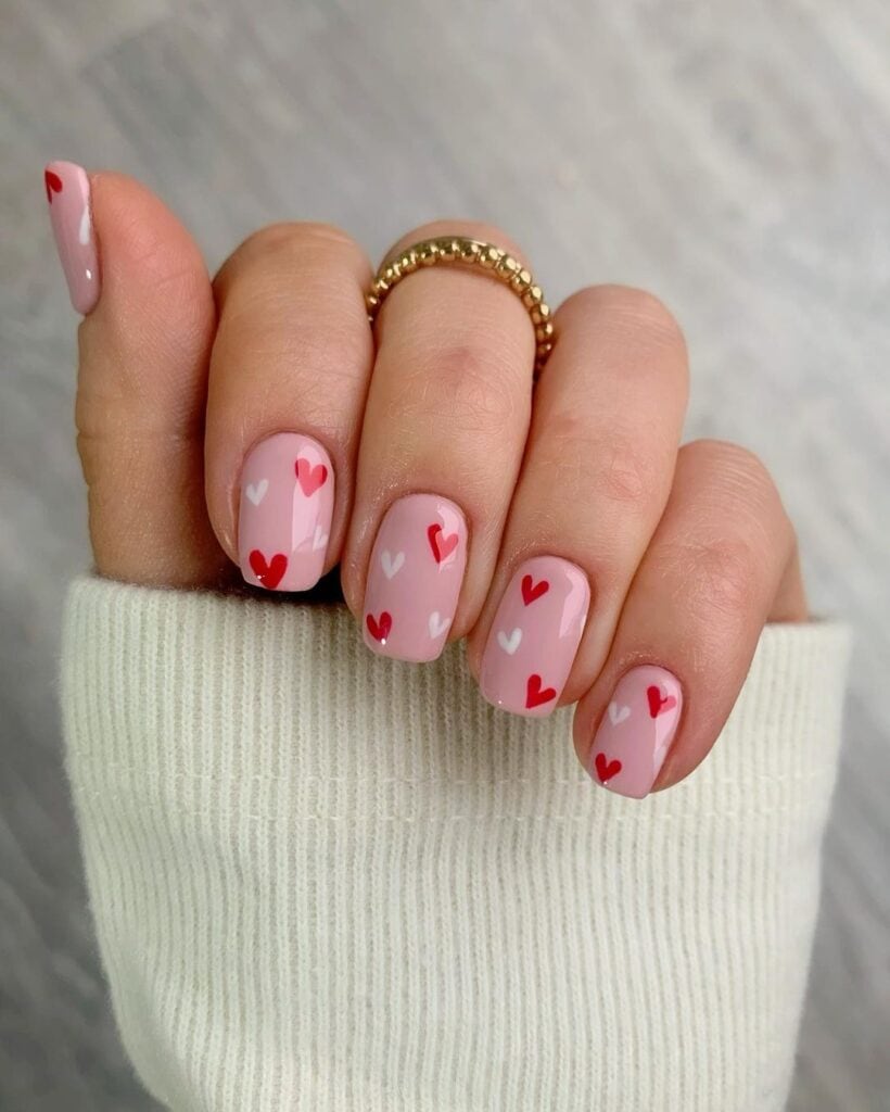 Pink Base Nails with White and Red Mini Hearts