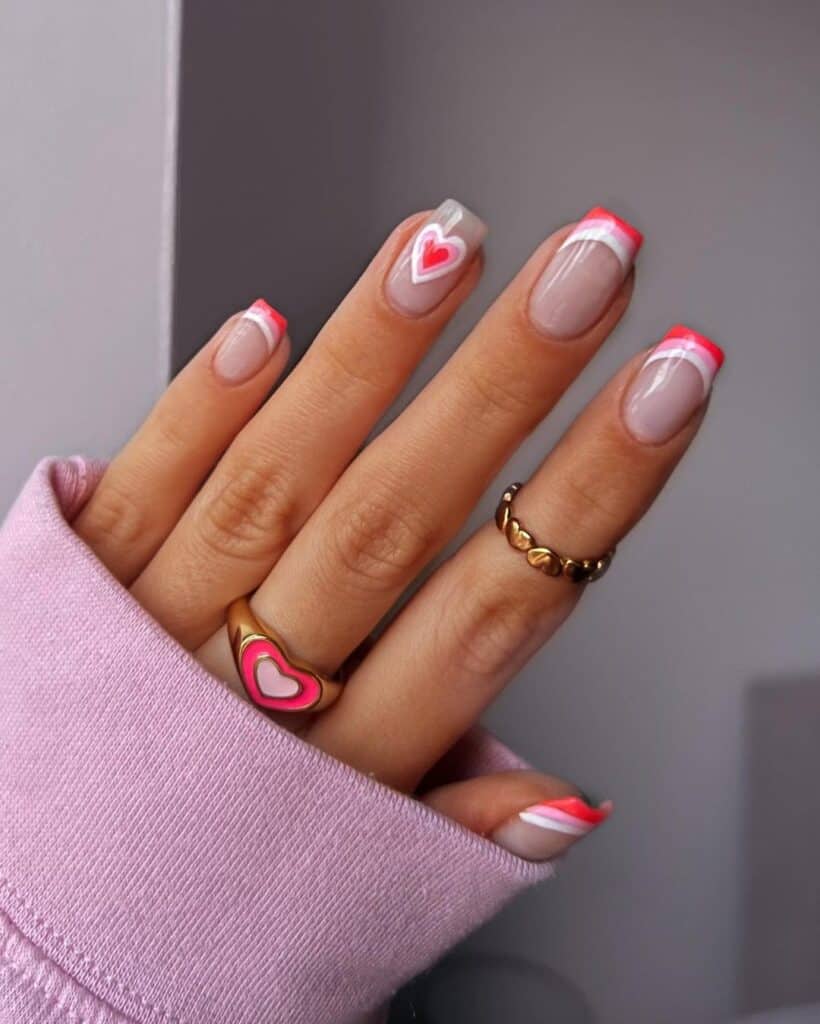 Doubled French Tip Nails of white and pink colors for Valentine 