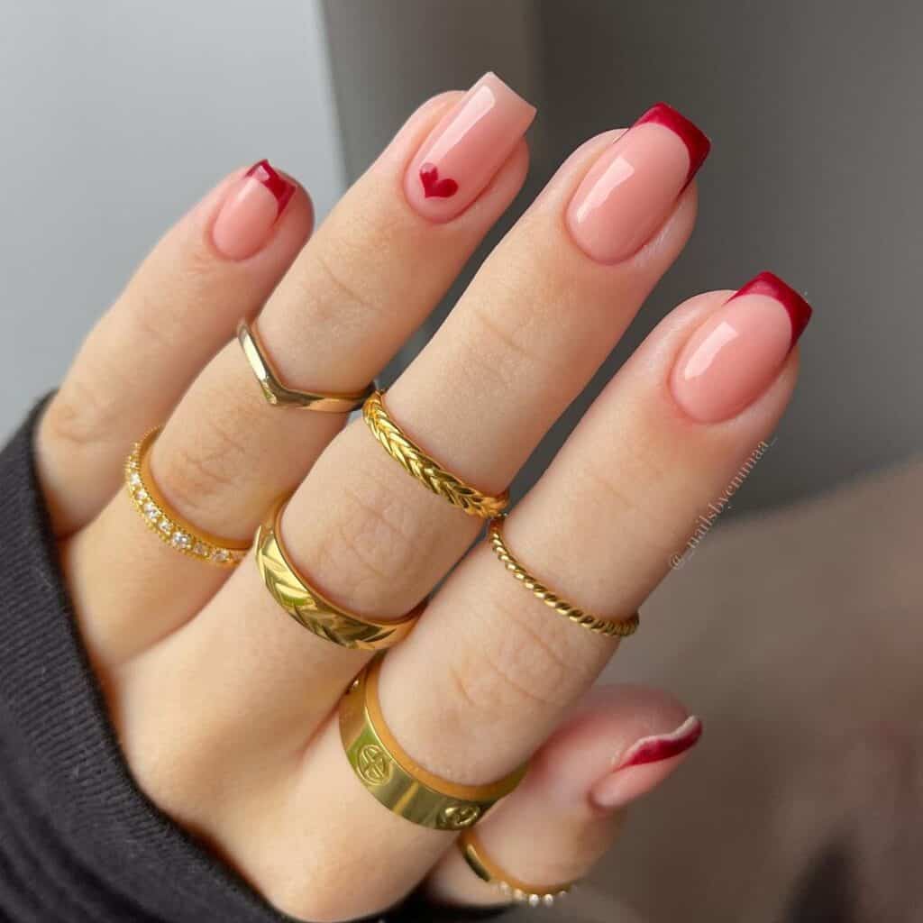 Simple Red French tips with Baby Heart