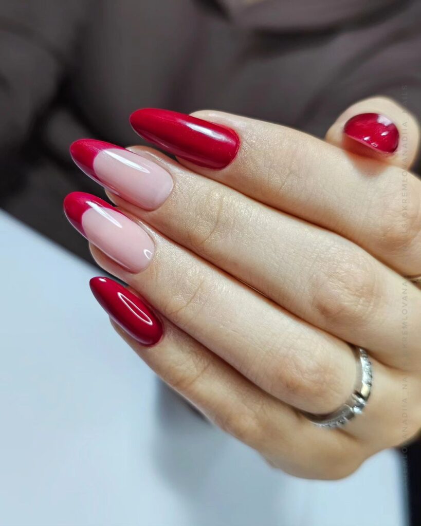 dark red French tip nails